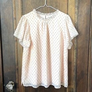 LOFT Swiss Dot Blouse Women’s M Blush Pink/Black Dots Ruffle Neck Band NWT